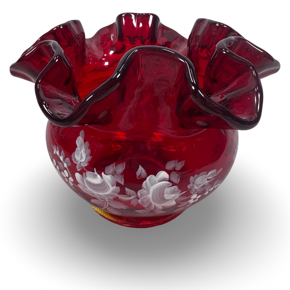 Fenton Ruby Red Glass Ruffled Rose Bowl Painted White Roses Sue Foster Glows UV